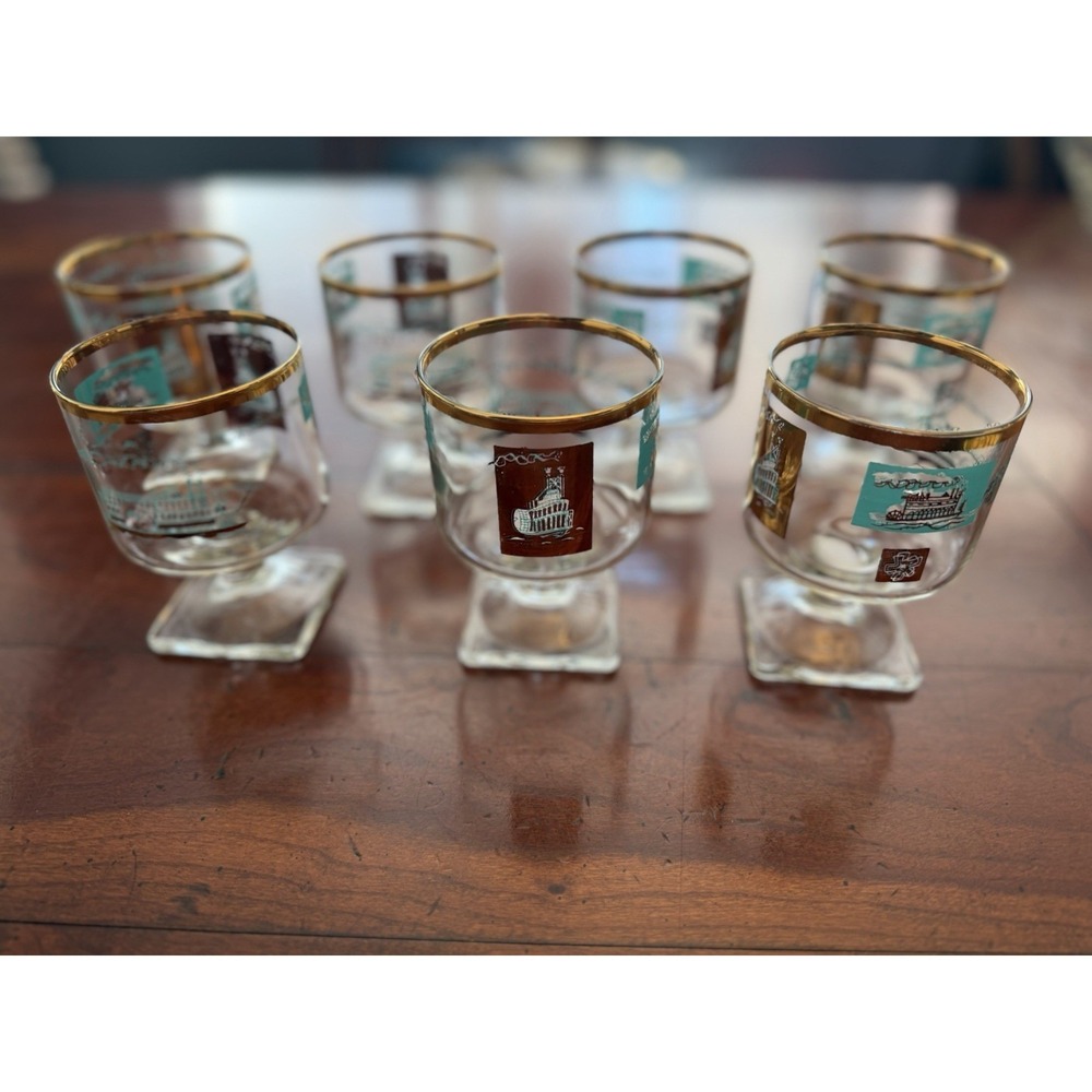 Vintage Libbey Southern Comfort Steamboat Glasses Set of 6 Square Footed MCM